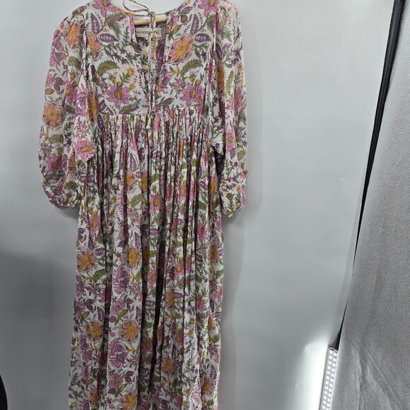 Daughters of India White Fuchsia Floral Kyra 100% Cotton Maxi Dress XS - Picture 2 of 16